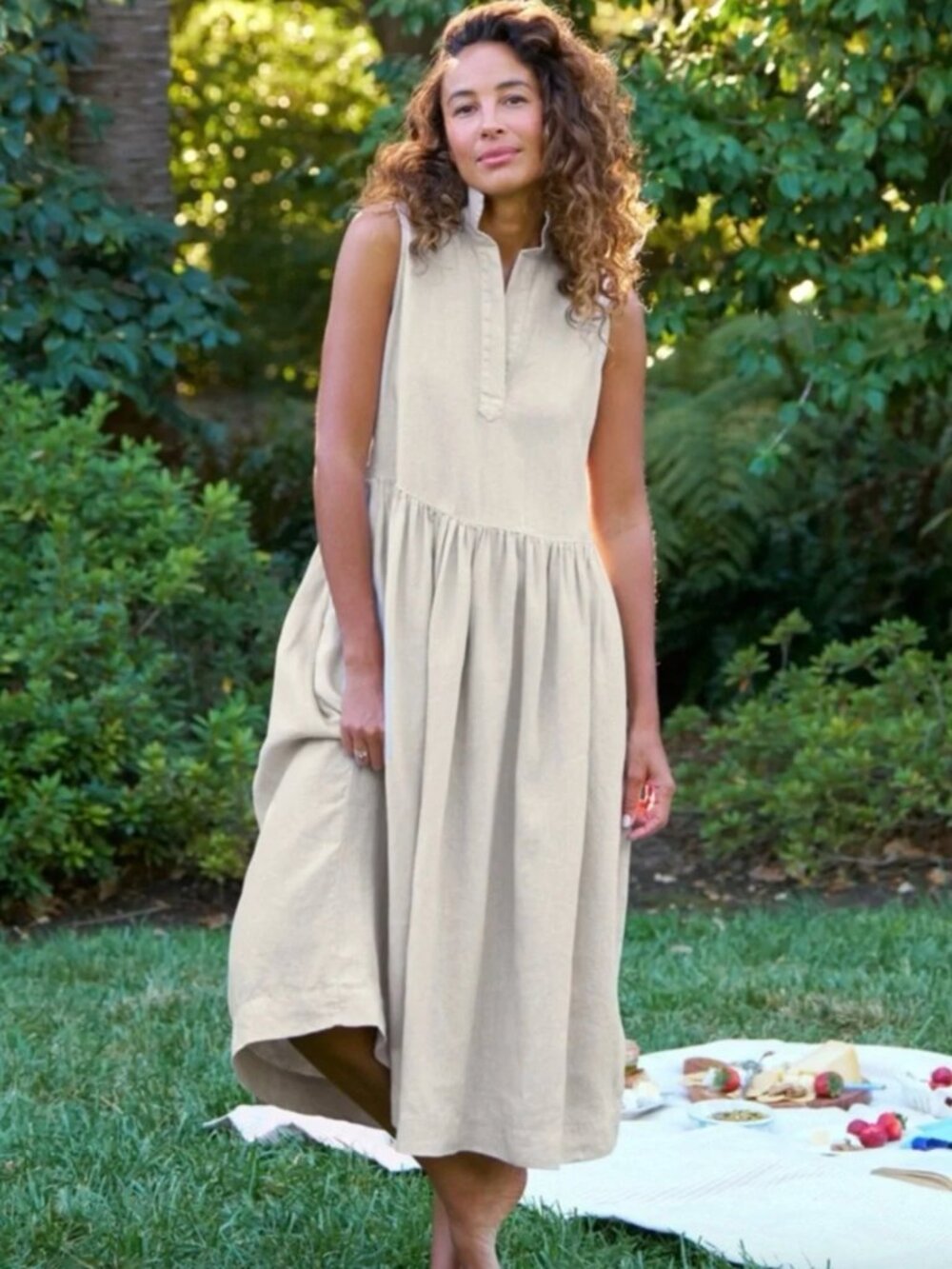 Frank & Eileen | 100% Linen Daphne Sleeveless Popover Dress in Sand - Size S